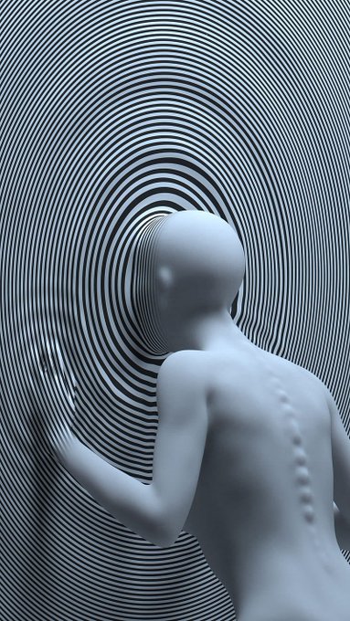 A stylized gray humanoid figure stands with its back turned, facing a wall covered in radiating black and white concentric circles.