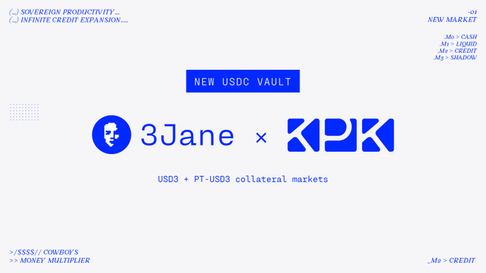 A promotional graphic announcing a "NEW USDC VAULT" featuring "3Jane x K2K" with "USD3 + PT-USD3 collateral markets."