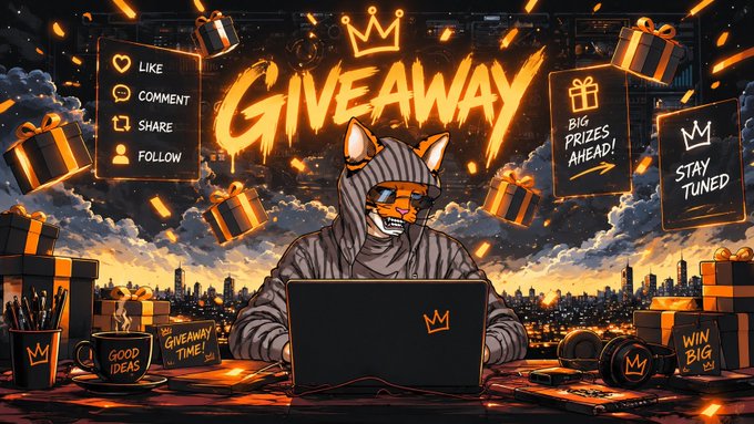 A stylized illustration features a masked, fox-like character at a laptop with a golden crown, surrounded by floating gift boxes and signs reading "GIVEAWAY," "LIKE, COMMENT, SHARE, FOLLOW," "BIG PRIZES AHEAD!" and "STAY TUNED" — visually promoting the accompanying $50 SOL giveaway post asking followers to like, retweet, and comment "Done" for a chance to win.