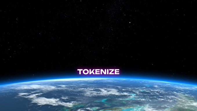 A view of Earth from space with the word 'TOKENIZE' displayed in white and purple letters against the starry sky.