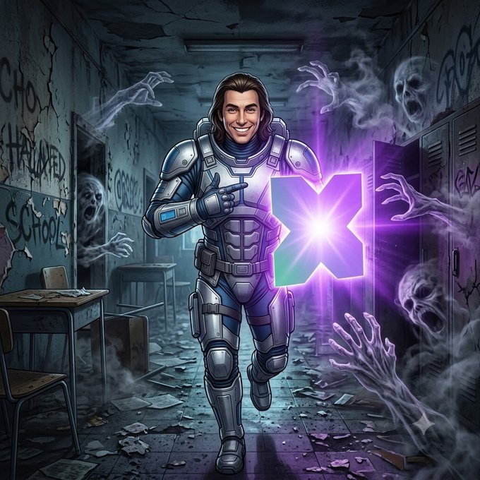 A digital illustration of a smiling man in futuristic armor holding a glowing purple 'X' symbol, running through a dark, graffiti-covered hallway while ghostly hands reach out from the shadows.