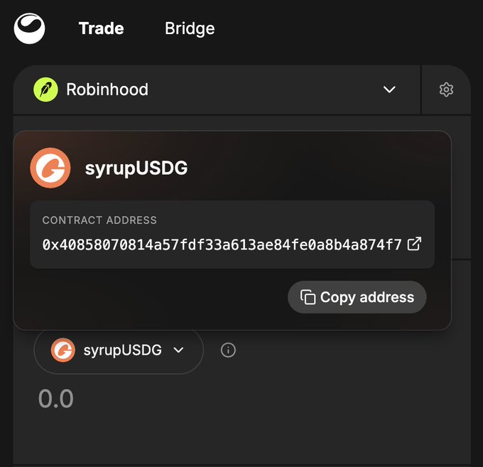 A dark-themed trading interface showing a 'Trade' and 'Bridge' tab, with 'Robinhood' selected and a 'syrupUSDG' contract address displayed for copying.