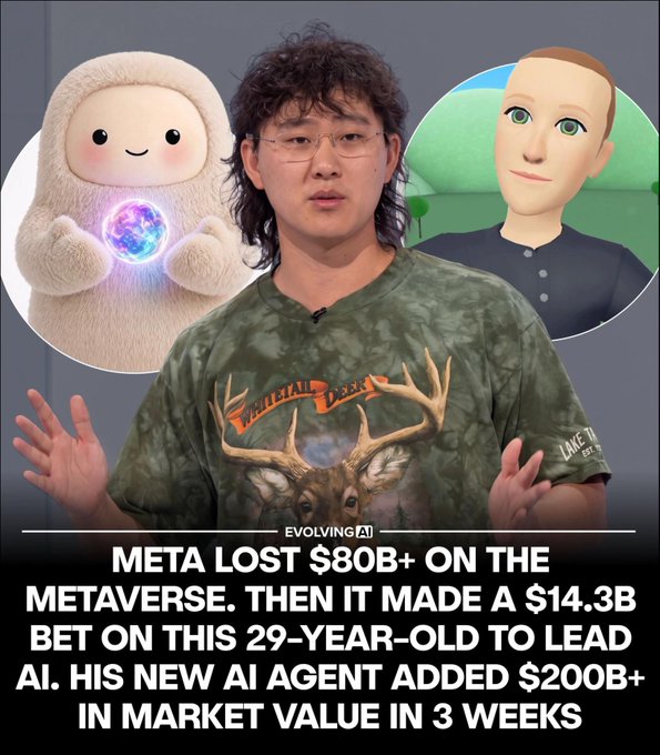 A YouTube thumbnail titled 'EVOLVING AI' featuring a man in a deer-print shirt speaking, flanked by a plush toy and an AI avatar, with text about Meta losing $80B+ on Metaverse and a $14.3B AI investment.