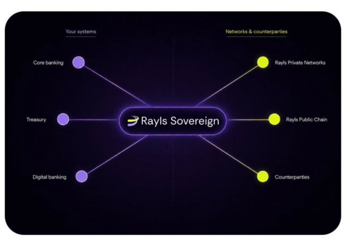 The diagram shows "Rayls Sovereign" as a central hub connecting internal systems (Core banking, Treasury, Digital banking) on the left to external networks and counterparties (Rayls Private Networks, Rayls Public Chain, Counterparties) on the right. This visual reinforces the post's point that the platform already bridges institutional banking infrastructure with public and private blockchain networks, highlighting that the "30 financial institutions" figure represents established production use rather than a new development.