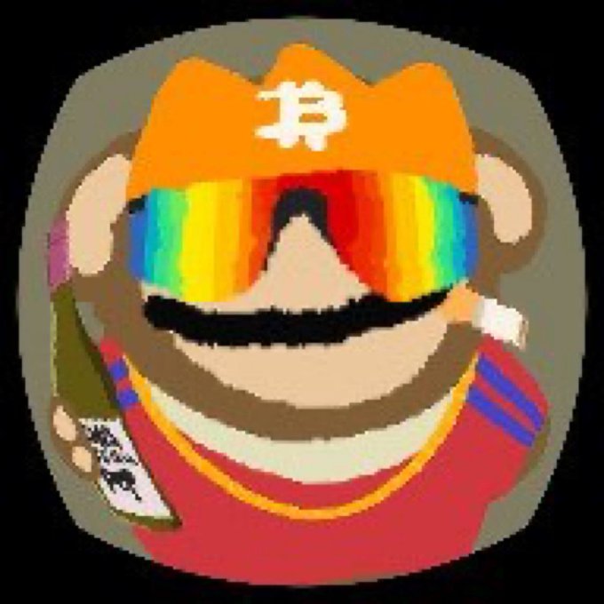 A pixel art illustration depicts a cartoon character wearing an orange Bitcoin (₿) beanie, rainbow-striped ski goggles, and a red shirt with a phone in hand, set against a black background.