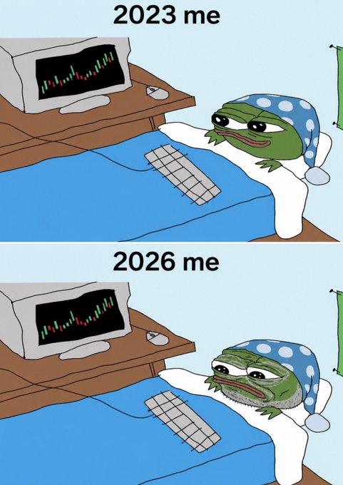 A two-panel meme featuring Pepe the Frog in bed staring at a trading chart on his monitor; the top panel labeled '2023 me' shows him looking excited, while the bottom panel '2026 me' shows him visibly older, wrinkled, and exhausted in the same pose.