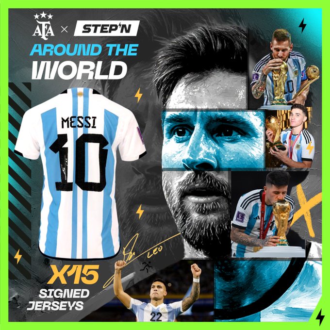 The image features a signed soccer jersey of Lionel Messi, with various images of him and other soccer players around the world displayed alongside his name and the number 10, as well as an advertisement for Argentina's national team. The background includes a colorful poster that showcases different sports jerseys from around the world, creating a visually appealing scene related to international sports.