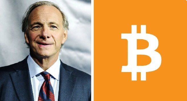 Billionaire investor Ray Dalio, pictured on the left, is paired with the iconic orange Bitcoin "₿" logo on the right, illustrating his recent commentary on Bitcoin's growing recognition as a globally accepted form of "hard money."