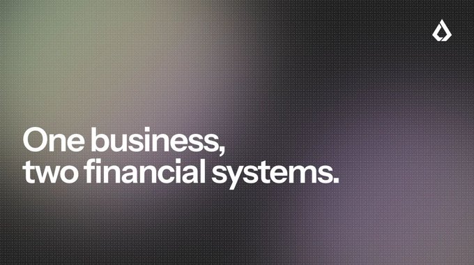 The image displays a dark gradient background with the text "One business, two financial systems." in white, alongside a small flame/droplet logo in the top right corner. The caption sets up the post's argument about crypto adoption not being a replacement for traditional finance, but rather a parallel system that businesses must operate alongside existing financial infrastructure.