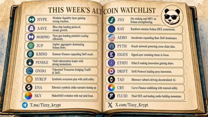 An open book titled 'THIS WEEK'S ALTCOIN WATCHLIST' lists cryptocurrencies including HYPE, AAVE, MORPHO, JUP, KMNO, PENDLE, ONDO, SYRUP, ENA, SKY, JTO, RAY, AERO, PYTH, EIGEN, ETHFI, DRIFT, TAO, CRV, and FLUID with brief descriptions, alongside a panda avatar and T.me/Tizzy_krypt and X.com/Tizzy_Krypt handles.