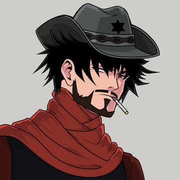 A cartoon-style illustration of a cowboy character with messy black hair, a beard, and a red scarf, wearing a black hat with a star and smoking a cigarette.