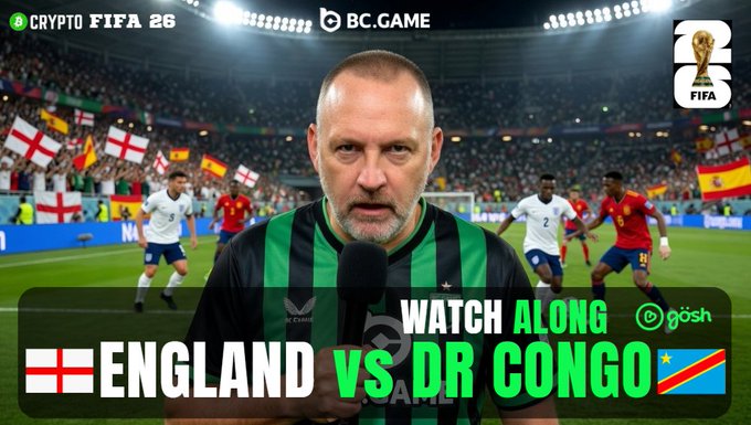 A 'Crypto FIFA 26' watch along promotion by BC.GAME featuring a commentator in a green and black jersey, advertising an 'ENGLAND VS DR CONGO' match with the gosh streaming logo.