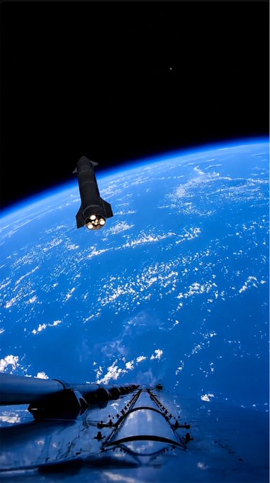 A digital illustration of a rocket launching into space above Earth's atmosphere, viewed from what appears to be another spacecraft.