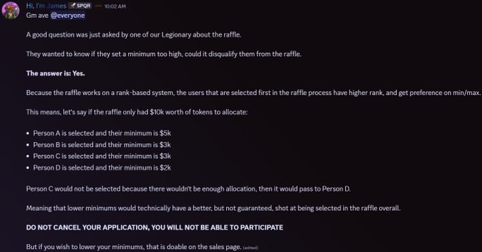 A Discord message from 'Hi, I'm James' answering a question about a raffle system, explaining that setting a minimum too high could disqualify a person due to the rank-based allocation process.