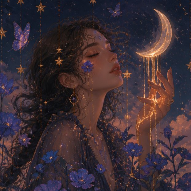 A fantasy digital illustration of a woman with closed eyes touching a glowing crescent moon, surrounded by butterflies, stars, and blue flowers in a magical setting.