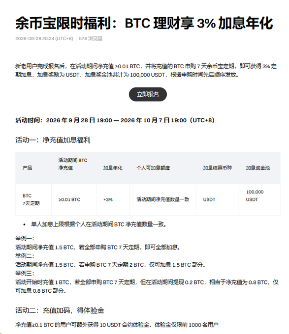 A Chinese promotional webpage for '余币宝限时福利' (Yubibao Limited-Time Benefits) offering a BTC financial product with 3% additional annualized yield, running from September 28, 2026 to October 7, 2026 (UTC+8), with a 100,000 USDT bonus pool.