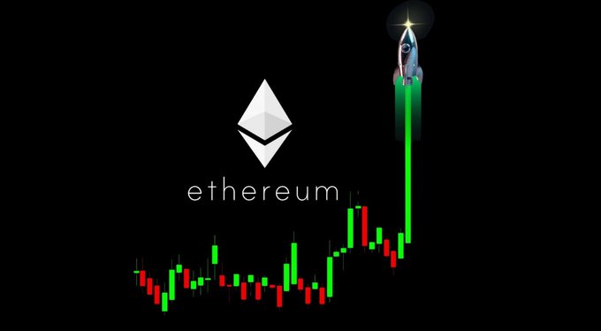 A candlestick chart shows Ethereum's price surging sharply upward, capped by a rocket ship taking flight, visually reinforcing the post's bullish sentiment that "$ETH" is poised to be "THE play of this cycle."