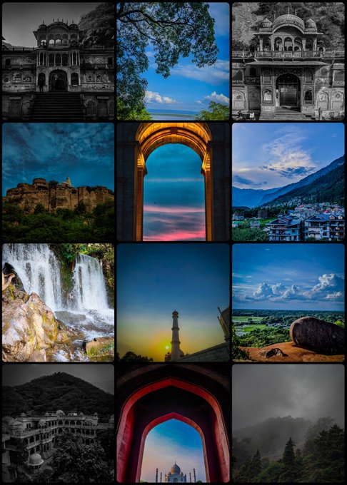 A 4x3 collage displays various scenic photographs, including architectural sites, mountains, waterfalls, and landscapes under different lighting and weather conditions, mostly appearing to be from India.