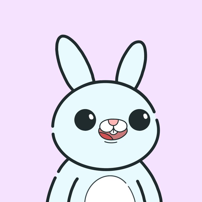 A simple cartoon illustration of a light blue bunny/rabbit character with large black eyes and an open mouth showing two prominent front teeth, set against a pale lavender background.
