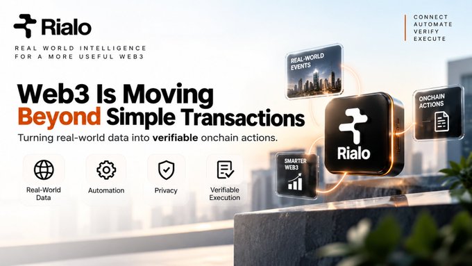 A promotional banner for 'Rialo' reads 'Web3 Is Moving Beyond Simple Transactions' and highlights features like 'Real-World Data', 'Automation', 'Privacy', and 'Verifiable Execution' alongside floating 3D cubes.