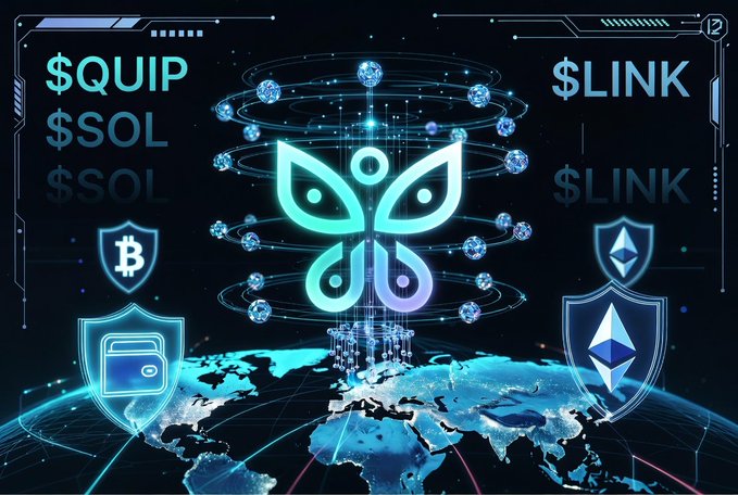 The image features a digital illustration of a butterfly with blue wings, surrounded by various symbols related to cryptocurrency and blockchain technology. The butterfly is positioned at the center of the image, while other elements such as shields, diamonds, and a globe are scattered around it. The background of the image displays text that reads "Xiong was just saying how quantum threats are sneaking up faster than most realize, so I've been diving into $QUIP and $LINK".