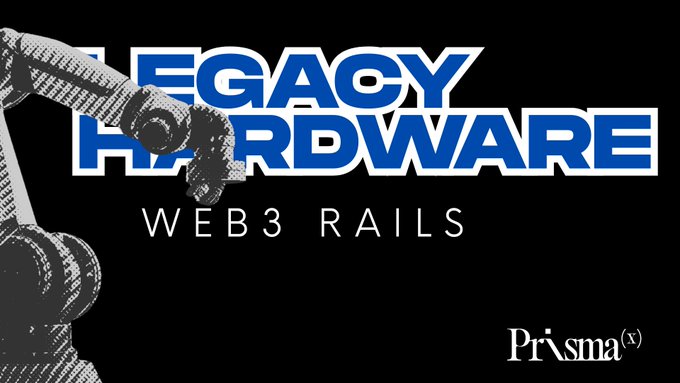 The image features a logo for Prima X, which is an AI company that focuses on artificial intelligence and machine learning technologies. The logo includes a robot arm with its hand raised, symbolizing the use of robotics in various industries. The text "Legacy Hardware Web3 Rails" suggests that the company specializes in legacy hardware systems and web development. The image also contains some text about Prima X's seed financing round and their focus on AI technologies for legacy systems.