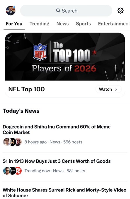The image shows a mobile app interface (appears to be X/Twitter) displaying a feed with a featured NFL Top 100 Players of 2026 banner, followed by a "Today's News" section where the top story reads "Dogecoin and Shiba Inu Command 60% of Meme Coin Market" with 556 posts from 8 hours ago. This directly relates to the accompanying post, which references DOGE and SHIB continuing to dominate over half of the meme coin market as the standard for other meme tokens like PEPE to be measured against.