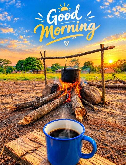 A 'Good Morning' greeting graphic featuring a blue mug of steaming black coffee on a wooden table in the foreground, with a campfire cooking a black pot hanging from a wooden frame in a rural landscape under a sunrise sky.