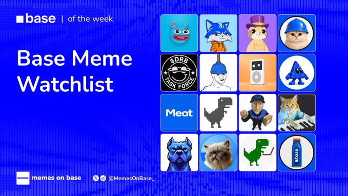 Promotional graphic for Coinbase Base's 'Meme Watchlist' featuring the text 'Base Meme Watchlist' alongside a grid of meme coin logos including cats, dogs, dinosaurs, and pixel art characters.