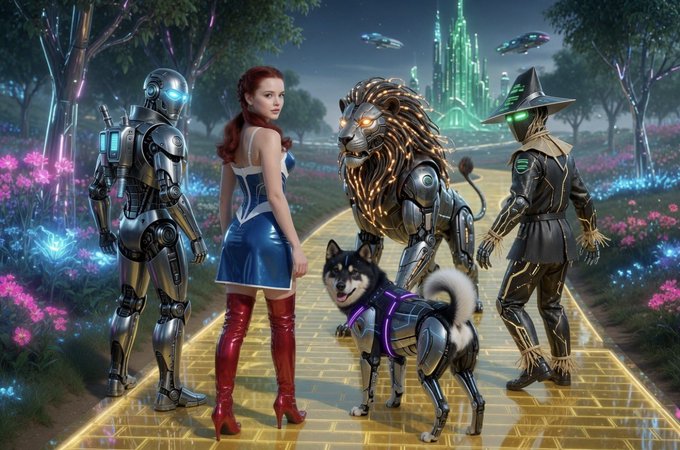 A red-haired woman in a blue and red outfit walks down a glowing yellow brick road alongside a robot, a cybernetic lion, a husky with mechanical armor, and a scarecrow figure resembling the Wizard of Oz, with a green crystal city and flying saucers in the background—evoking the classic "Wizard of Oz" journey to find the wizard, mirroring $MANYU's one-year milestone and transition to the next stage as "coded" or ready to be revealed.