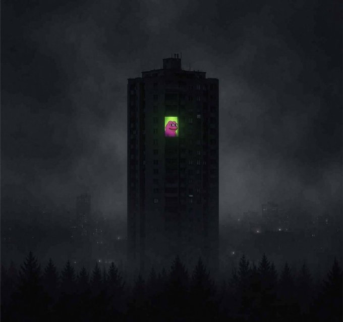 A dark, moody illustration of a tall apartment building at night, with a single illuminated window displaying a cartoon face.