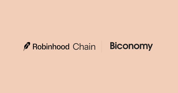 A peach-colored graphic displays the "Robinhood Chain" logo alongside "Biconomy" branding, separated by a vertical divider, announcing the partnership between the two platforms.