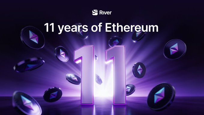A digital graphic celebrating the 11th anniversary of Ethereum, featuring glowing 3D text reading "11 years of Ethereum" surrounded by floating purple coins bearing the Ethereum logo, with the "River" brand logo displayed at the top. The imagery visually reinforces the post's reflection on Ethereum's evolution and River's role in advancing its real-world utility.