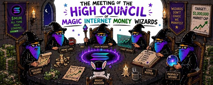 An illustrated 'Meeting of the High Council of Magic Internet Money Wizards' featuring the Solana ($MIM) logo and various wizard characters with labels like 'Wizards Don't Chase We Manifest' and a $1,000,000 market cap target.