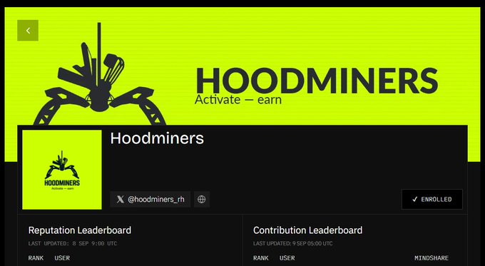 A webpage screenshot showing the 'HOODMINERS' platform with the tagline 'Activate - earn', featuring an enrolled status for @hoodminers_rh and sections for Reputation and Contribution Leaderboards.