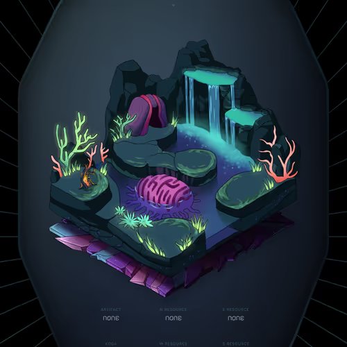 A colorful digital artwork or game asset showing an isometric underwater scene with a waterfall, coral reefs, sea plants, and a small crab, with UI text labels for 'ATkFENCE', 'AI BOOMING', 'R RESOURCE', etc. all set to 'none'.