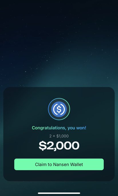 A mobile app screen on a dark starry background displays 'Congratulations, you won! 2 × $1,000 $2,000' with a green 'Claim to Nansen Wallet' button.
