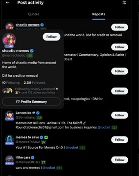 A dark-themed social media interface showing a 'Post activity' page with a 'Reposts' tab, displaying several posts from accounts like 'chaotic memes', 'Lanoseco', 'memes to save', and 'I like cars' with 'Follow' buttons.