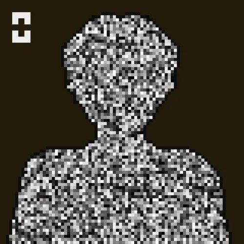 A pixelated grayscale image showing a static-like figure of a person with a question mark in the top left corner.