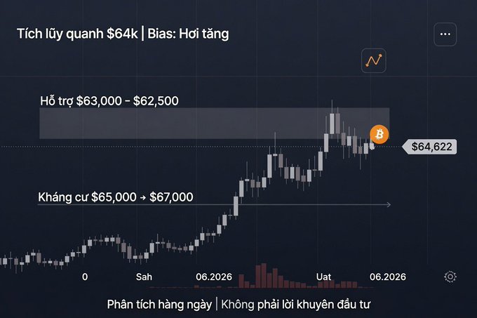 A Bitcoin price chart titled "Tích lũy quanh $64k | Bias: Hơi tăng" in Vietnamese, showing support at $63,000-$62,500 and resistance at $65,000-$67,000, with the current price at $64,622.