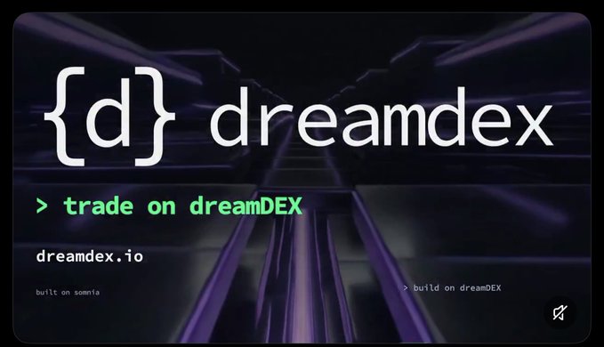 Promotional banner for dreamDEX featuring the logo {d} dreamdex, with the text '> trade on dreamDEX', the URL 'dreamdex.io', and notes 'built on sonia' and 'build on dreamDEX' against a dark purple tunnel-like background.