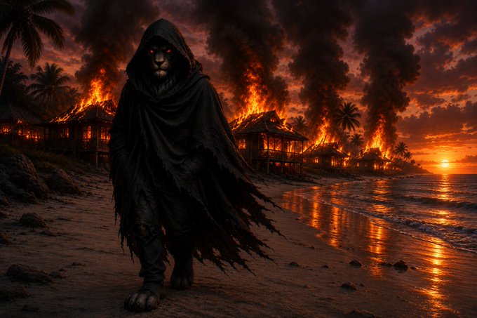 A dark fantasy digital artwork depicting a hooded figure with glowing red eyes standing on a beach at sunset, with burning huts and palm trees in the background.