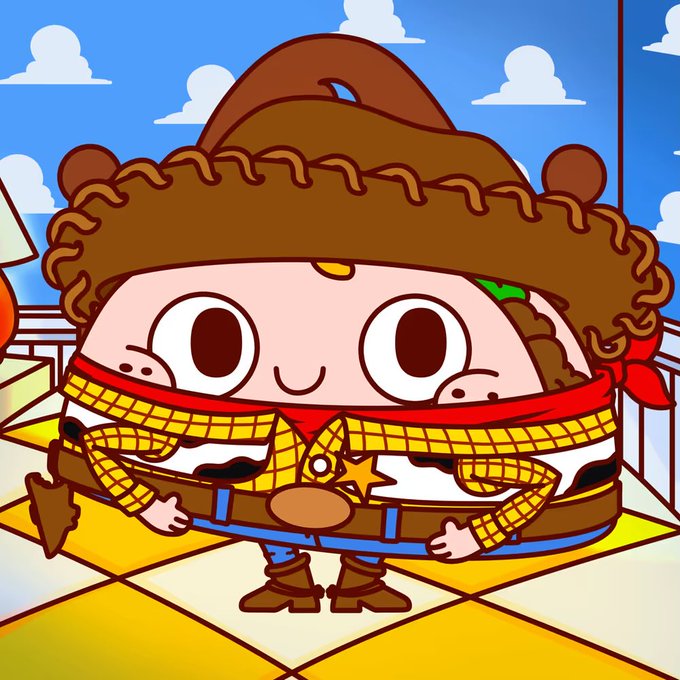 A kawaii-style cartoon character dressed as a cowboy with a large brown hat, braided lasso, and red bandana stands on a yellow checkered floor.