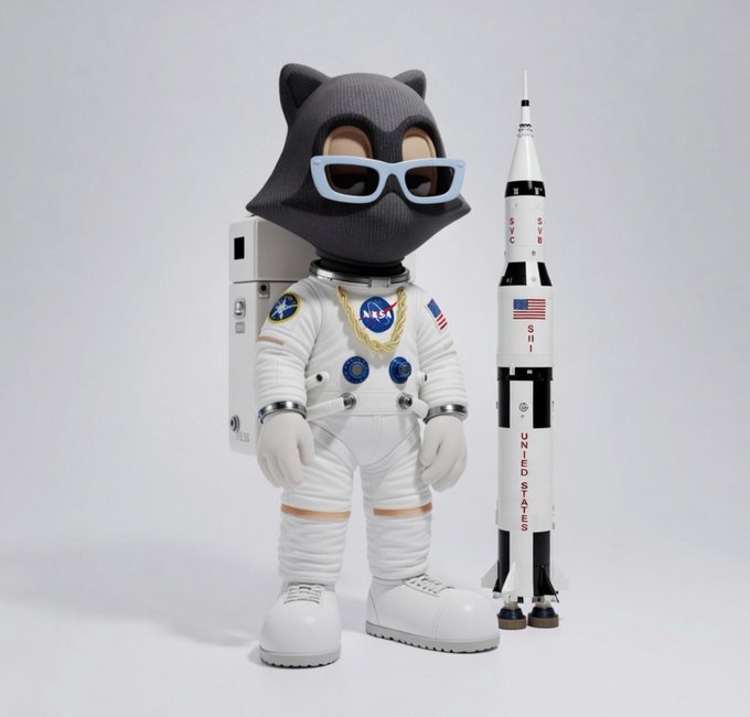 A 3D-rendered black cat character wearing blue sunglasses, a gold NASA chain, and a white astronaut suit stands next to a Saturn V United States rocket model.