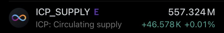 A cryptocurrency data display showing 'ICP_SUPPLY' (Internet Computer circulating supply) at 557.324M with a small increase of +46.578K (+0.01%).