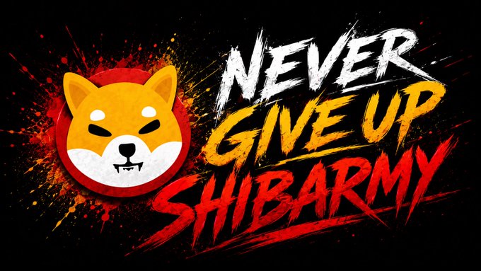 The image features a Shiba Inu dog with a red nose, wearing a black shirt that says "Never Give Up" written in white letters. The background of the image is black, which contrasts with the vibrant colors of the dog's face and shirt. The text on the image reads "SHIBARMY", indicating that it is related to the Shiba Inu breed or their logo.