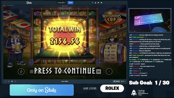 This image shows a screenshot of a slot machine game called "Waylanders Cup" on Stake.com, displaying a total win of 2156.56, which is a significant payout from a small bet as mentioned in the accompanying post.