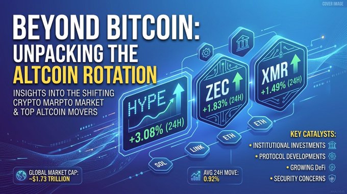 Infographic titled 'Beyond Bitcoin: Unpacking the Altcoin Rotation' highlighting top crypto movers including HYPE (+3.08%), ZEC (+1.83%), and XMR (+1.49%), with a global market cap of $1.73 trillion and key catalysts listed.