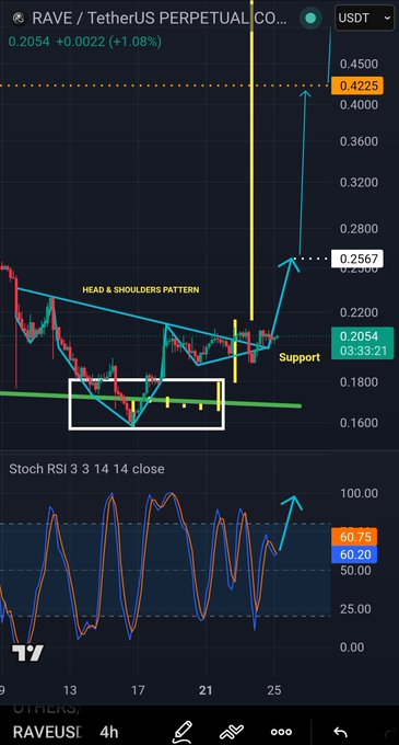 A financial trading chart for 'RAVE / TetherUS PERPETUAL' on TradingView showing a bullish breakout with a 'HEAD & SHOULDERS PATTERN' annotation, a 'Support' level at 0.2054, and a Stochastic RSI indicator at the bottom.