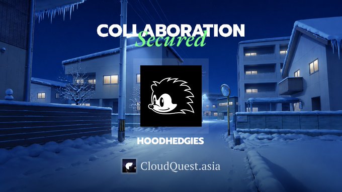 A snowy nighttime street scene serves as the backdrop for a collaboration announcement between CloudQuestID and HoodHedgies, prominently displaying the bold text "COLLABORATION Secured," the HoodHedgies hedgehog logo, and the CloudQuest.asia website link. The image visually reinforces the post's excitement about the NFT airdrop partnership by combining both brands against a wintery aesthetic.